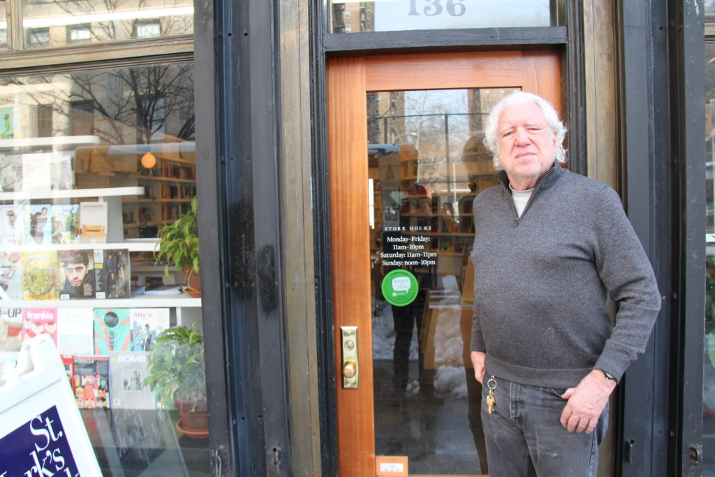 Bob Contant in front of St. Mark's Bookshop.