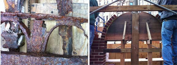 fence-form The fence surrounding the arch showing serious rust and decay (left). A form is used to create the rounded arch (right). Photos courtesy of St. Mark's Historic Landmark Fund.