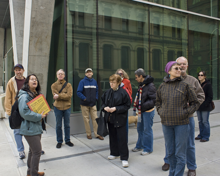 LESHP volunteer Andrea Coyle leads a tour of the East Village. 