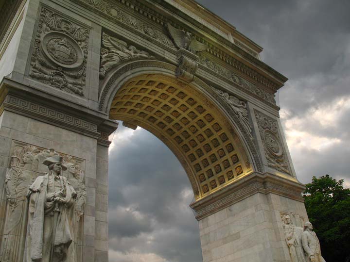 The Washington Square Arch, Washington as Commander-In-Chief on left. Photo courtesy of Bob Estremera.