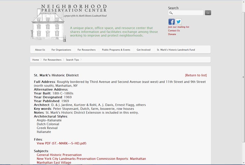 An information page for the St. Mark's Historic District on the Neighborhood Preservation Center's designation database. 