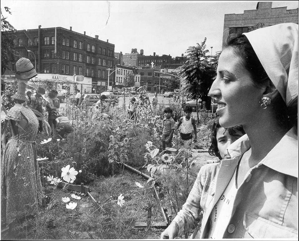 Activist Liz Christy in what would become the Liz Christy Garden, 1974. 