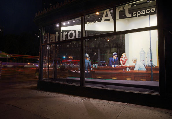 The Whitney's life-size window installation of Edward Hopper’s 'Nighthawks' at the Flatiron Building. Image via ccho/Flickr.