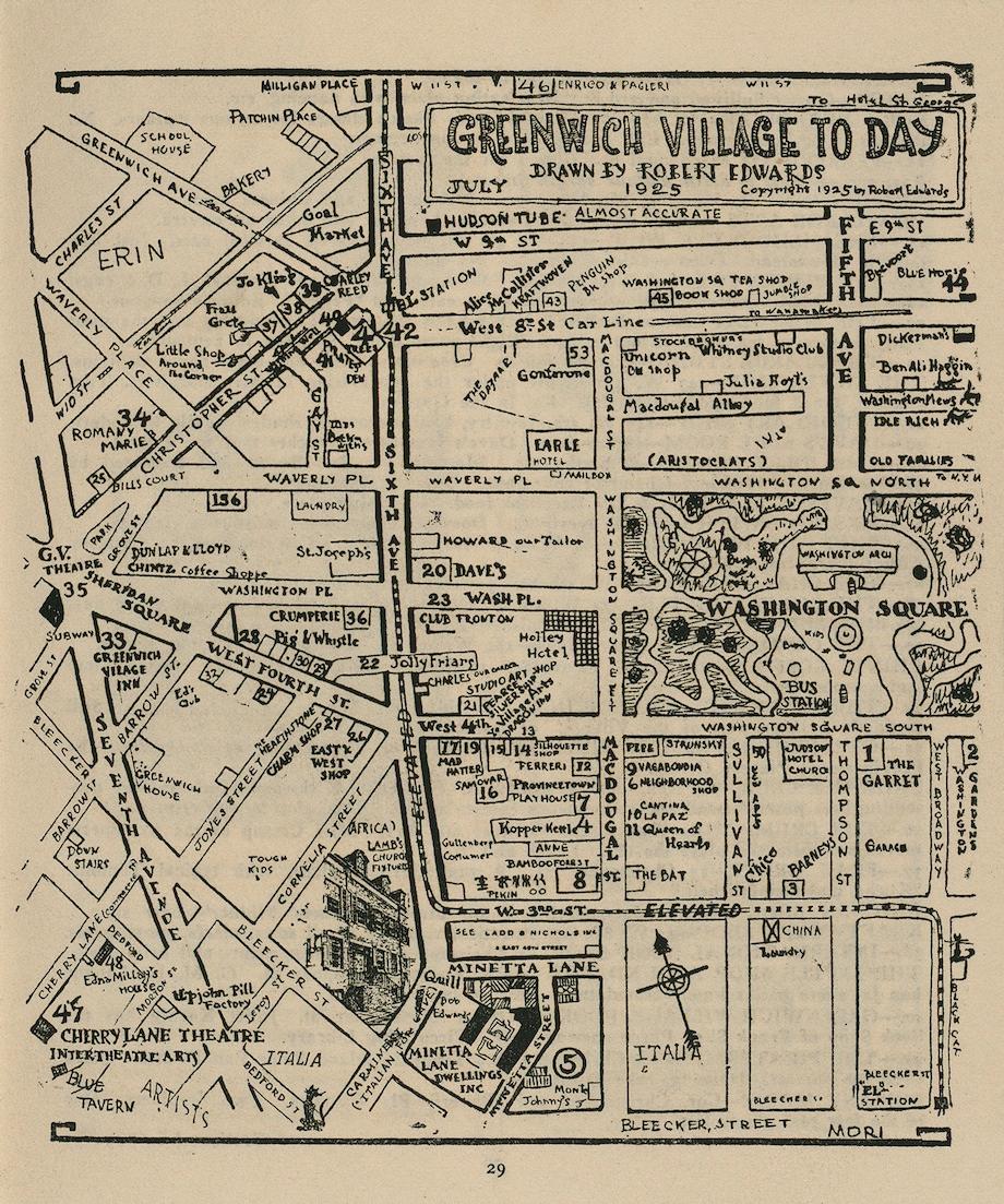 Greenwich Village To Day. Map drawn by Robert Edwards, 1925. Image via the Harry Ransom Center. 