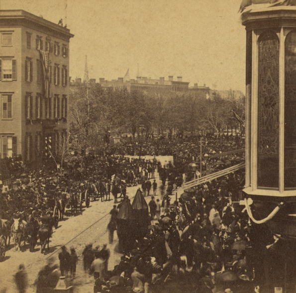 President Lincoln's funeral march reaches Union Square after its trip up Broadway.