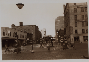 A 1940 photo showing the El demolition captures the building on the right. From the Irma and Paul Milstein Division of United States History, Local History and Genealogy, The New York Public Library.