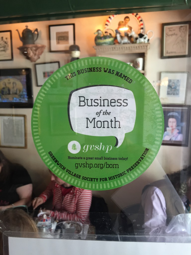 GVSHP Business of the Month sticker on Tea and Sympathy. Photo courtesy of Nicky Perry.