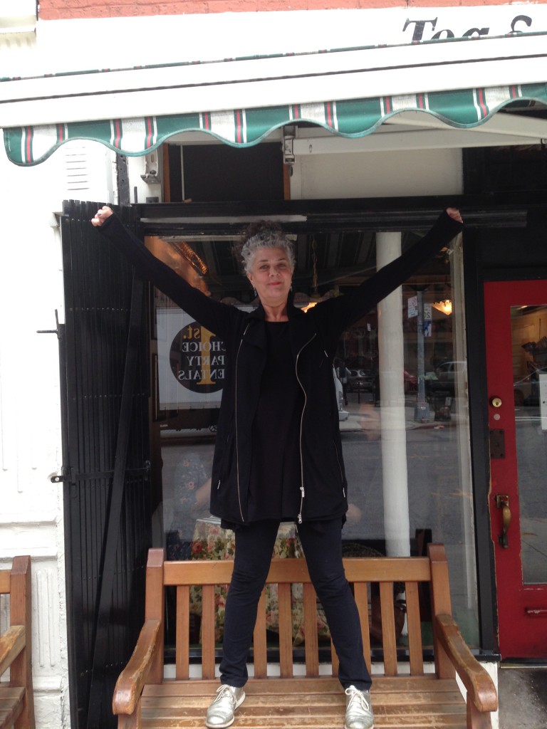 Nicky Perry in front of Tea & Sympathy.