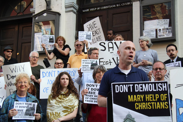 GVSHP Executive Director Andrew Berman at the Mary Help of Christians rally, May 22, 2013.  Photo courtesy of The Villager.