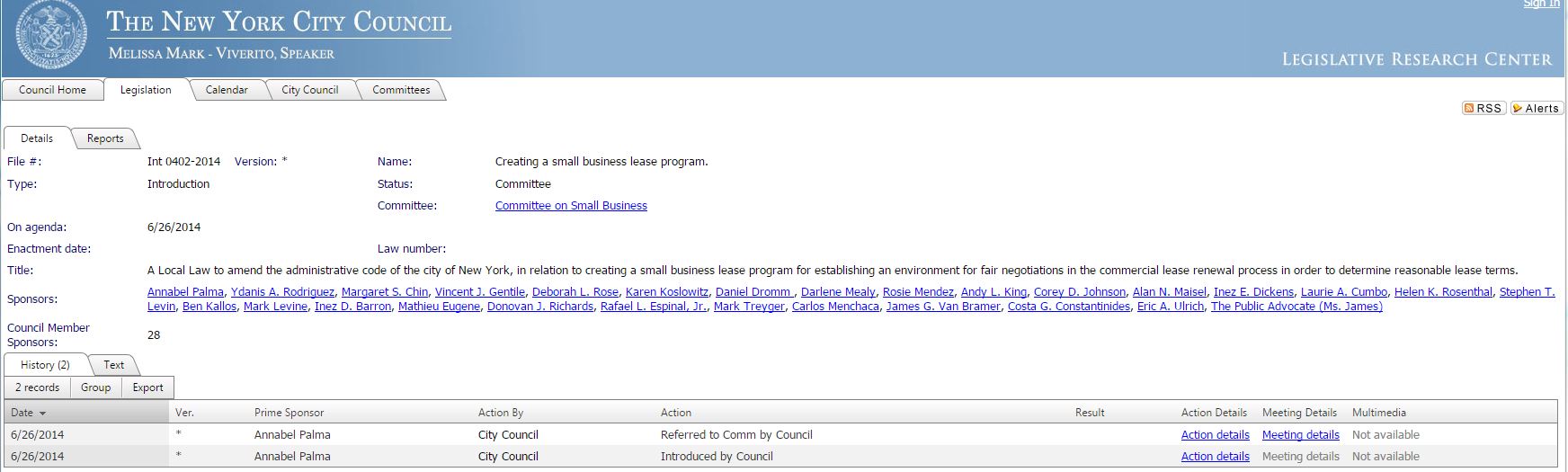 From NYC Council webpage showing list of sponsors of #SBJSA
