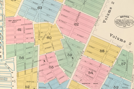 Sanborn Fire Map of Greenwich Village, section, via New York Public Library collection