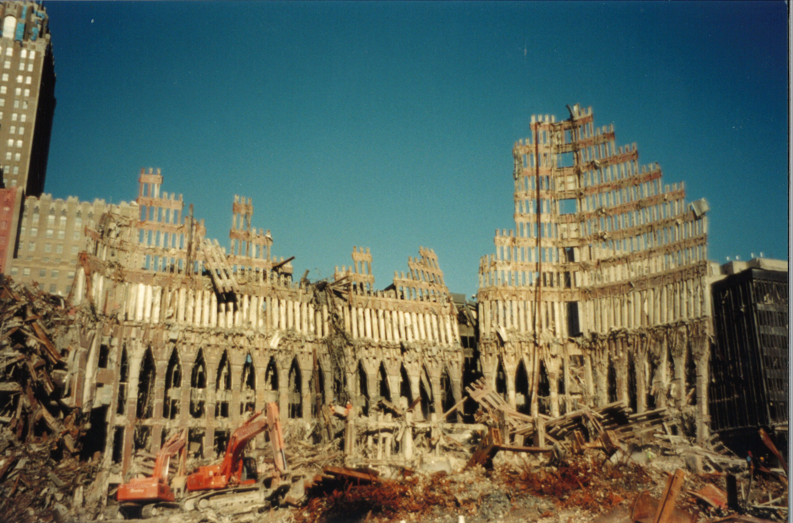 Remnants of World Trade Center exoskeleton against the sky with