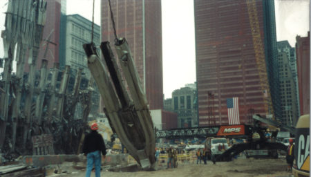 Worker Watching a Crane Hoist a Piece of the WTC Exoskeleton