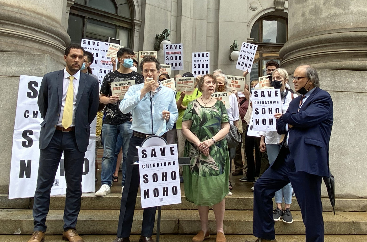 Village Preservation’s Juan Rivero leading the August 23 press conference with past and future SoHo/NoHo/Chinatown City Councilmembers urging rejection of the plan.