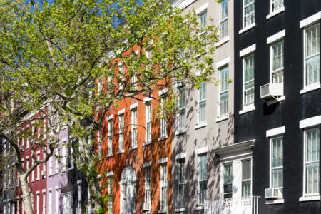 Block of colorful buildings on historic Macdougal Street in Greenwich Village in Manhattan, New York City