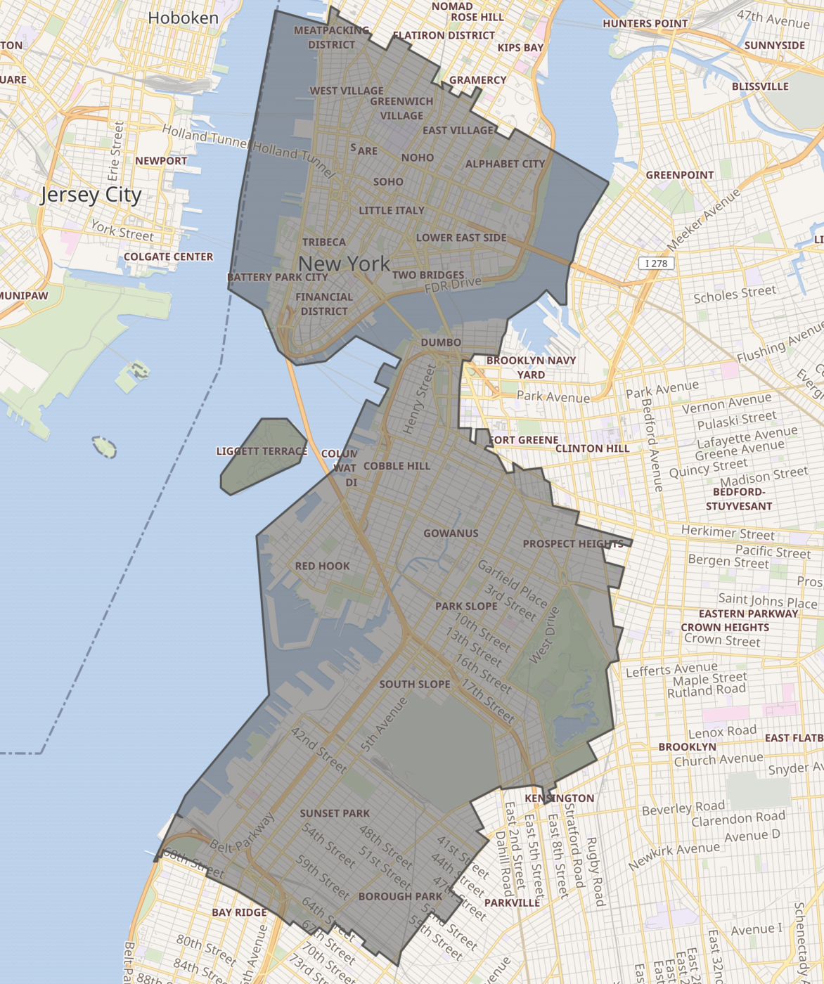 Map of the newly drawn 10th Congressional District, covering almost all of our neighborhoods and Lower Manhattan, as well as much of northwest Brooklyn.