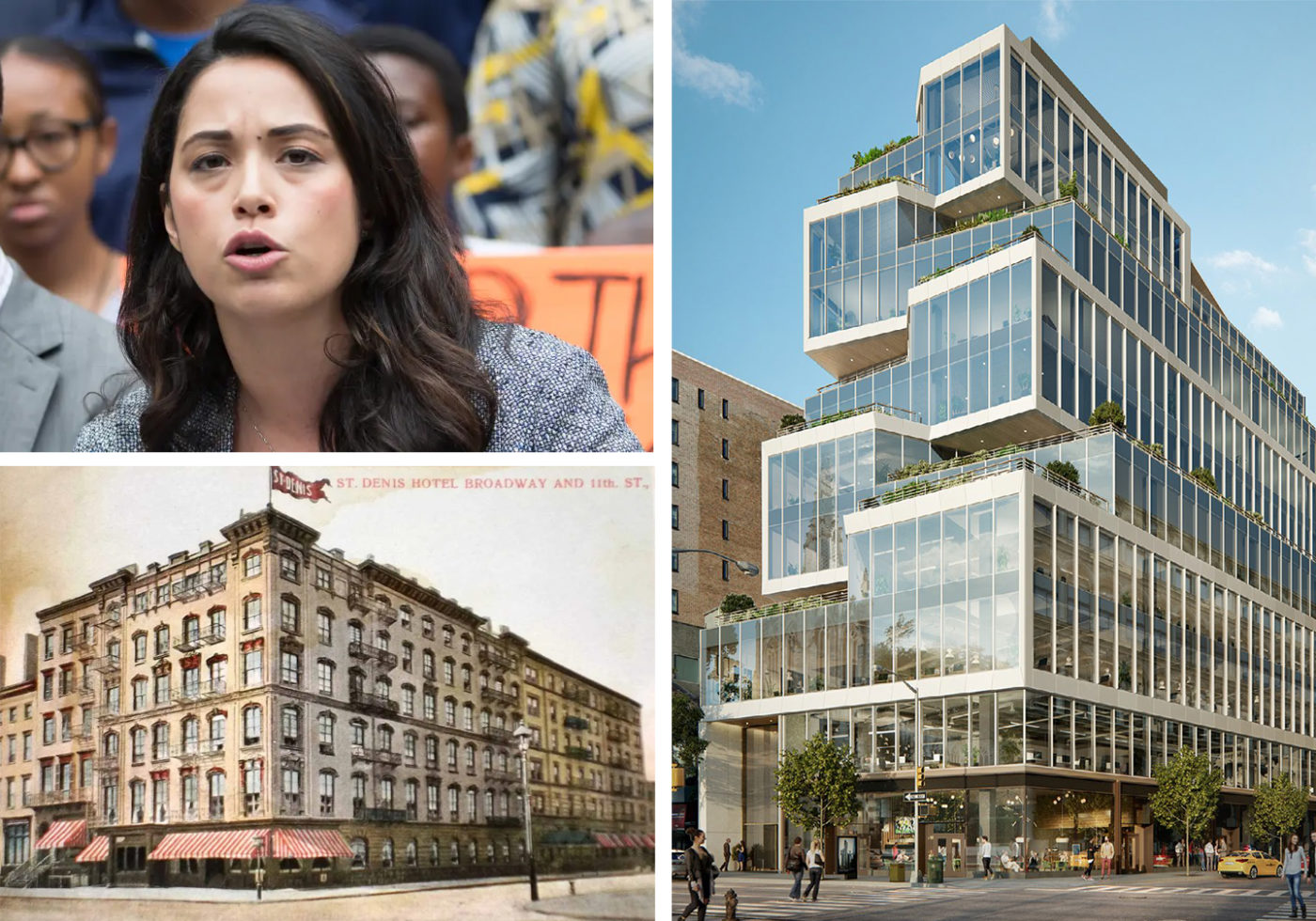 Councilmember Carlina Rivera, the old St. Denis Hotel at 11th Street and Broadway, and the building at 799 Broadway that replaced it.