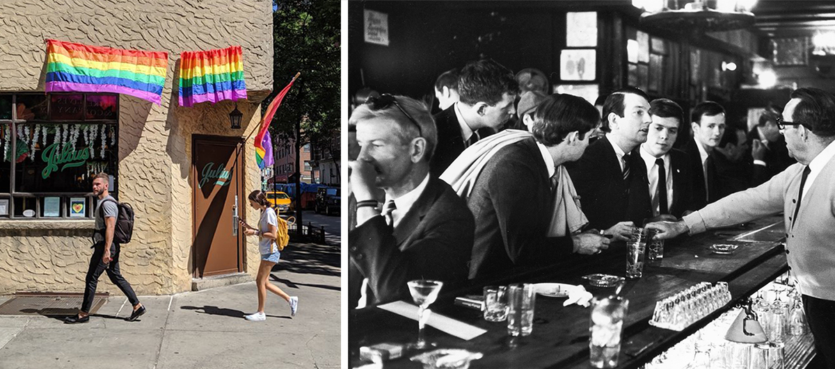 left, photo of two people walking in front of beige building with Julius’ bar on ground floor; right, blavk-and-white photo of several men being refused service by a baretnder